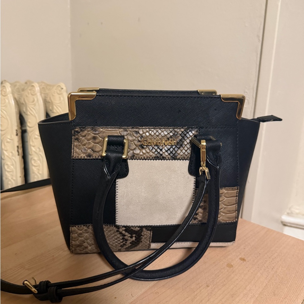 Calvin Klein Black and Cream Patchwork Satchel